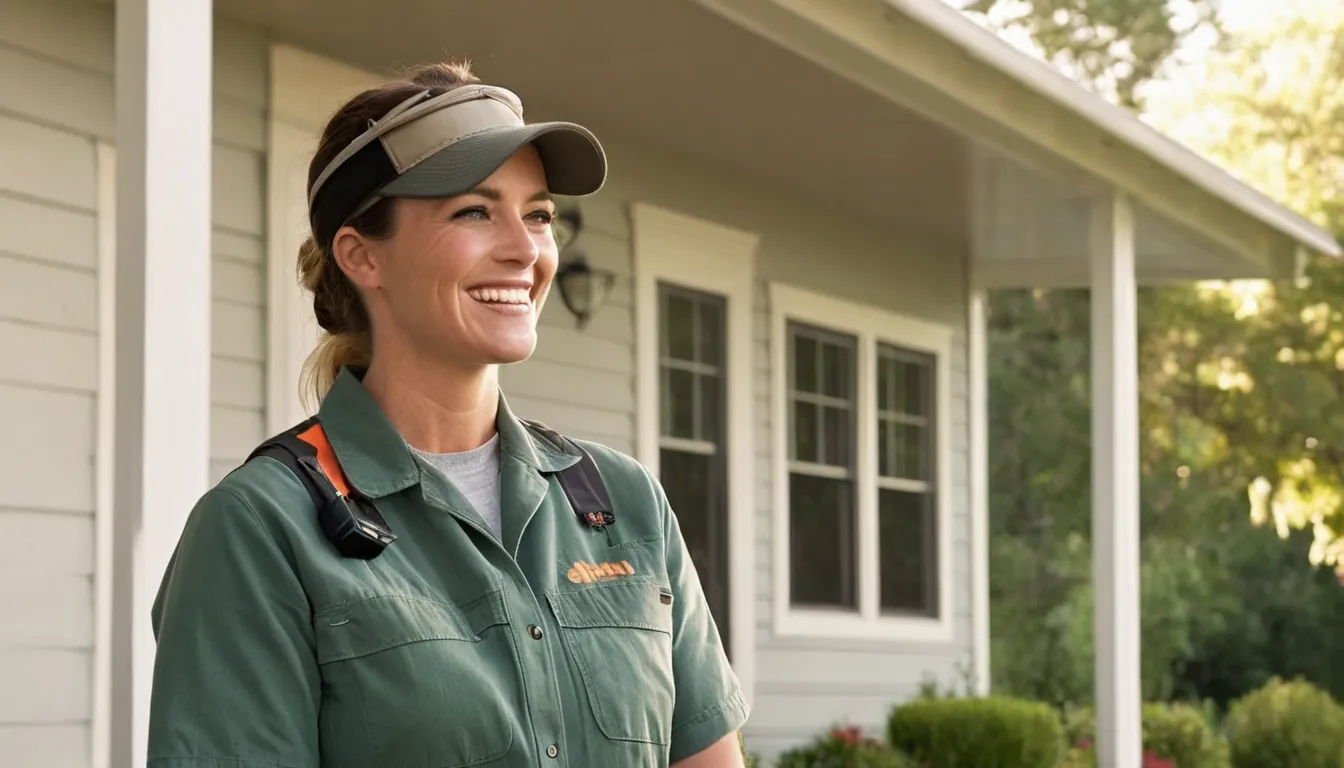 A friendly local pest control provider talking with a homeowner at the front door of a Romeo house