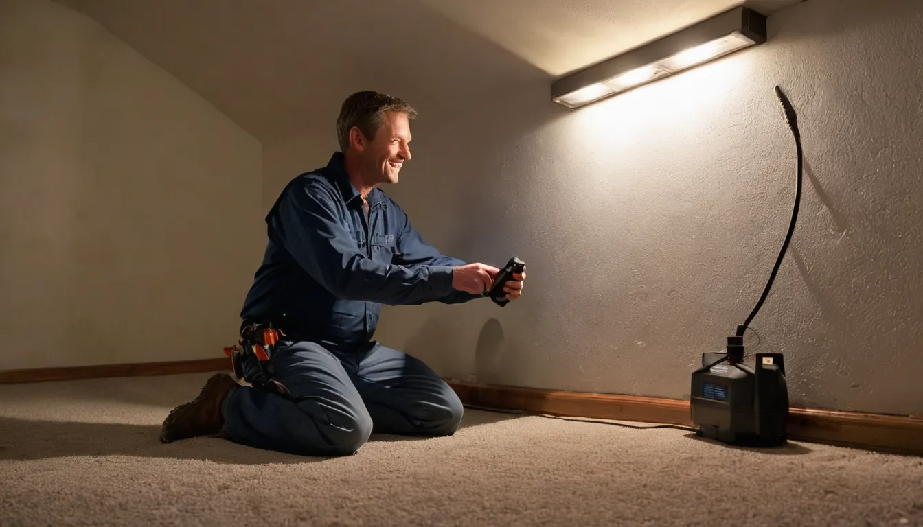 A local provider inspecting a basement foundation wall for termite activity in a Romeo home